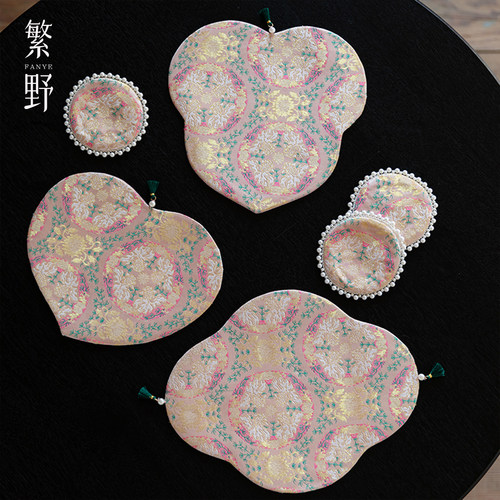 茶席刺子绣粉桃新设计干泡席茶垫