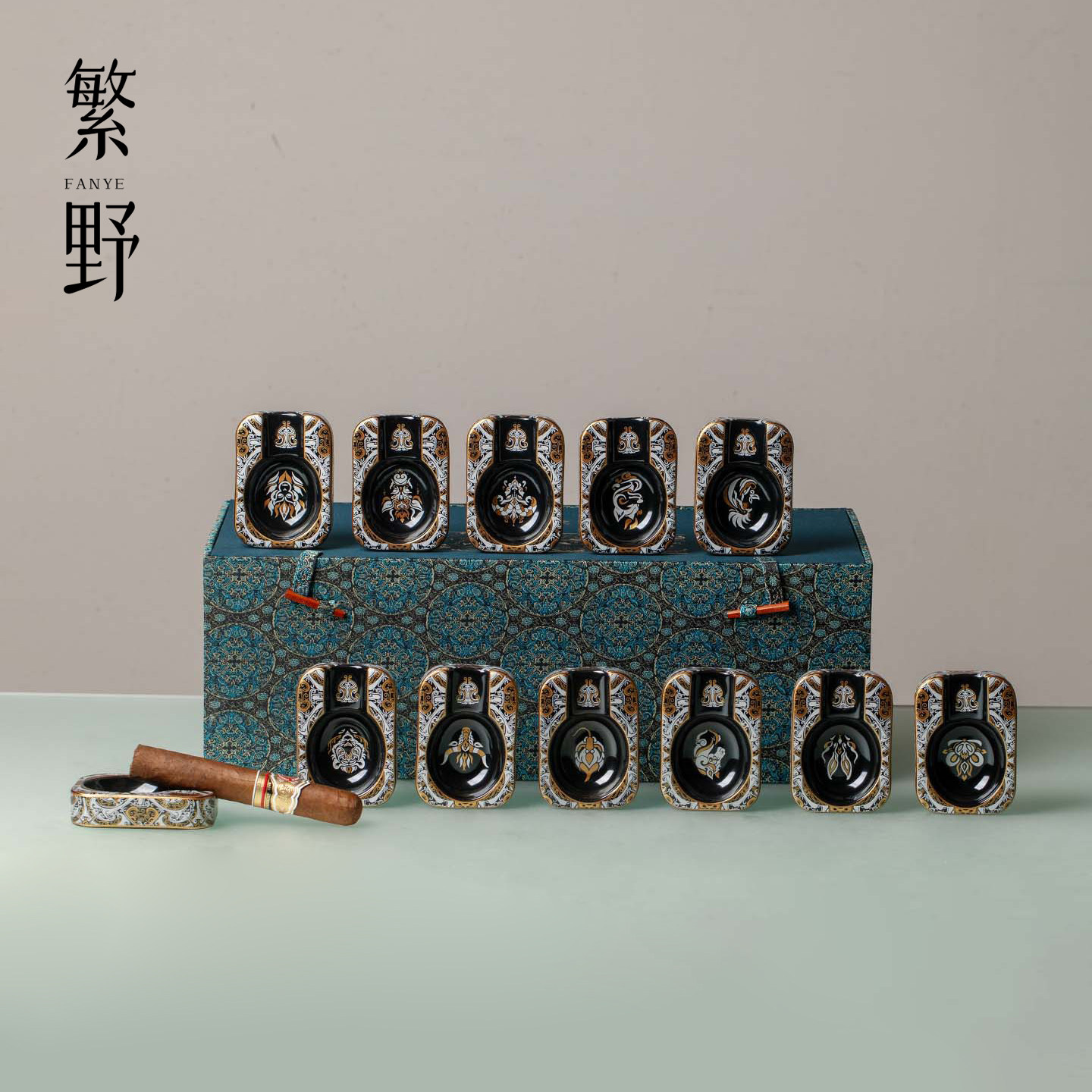 繁野 陶瓷手工缠纹雅叙十二生肖方池雪茄缸烟灰缸创意轻奢礼盒装