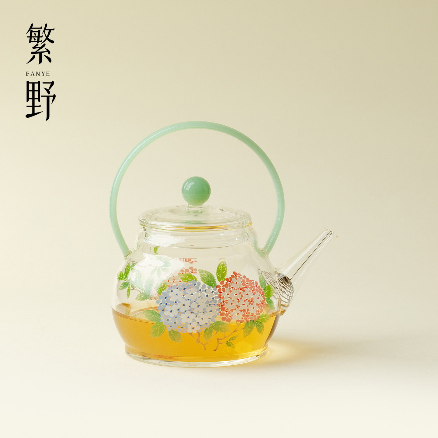 繁野瑞璃耐热绣球花玻璃提梁壶小清新功夫茶具小茶壶精致泡花茶壶