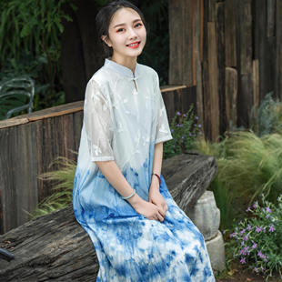 手工扎染连衣裙蓝染云染穿搭蓝染中袖修身显瘦连衣裙长裙蓝染布艺