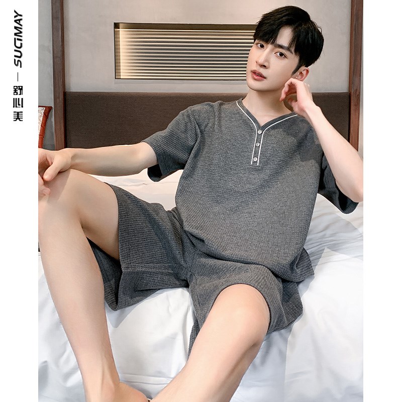 透气华夫格男士睡衣男夏季纯棉短袖短裤家居服薄款大码可外穿套装