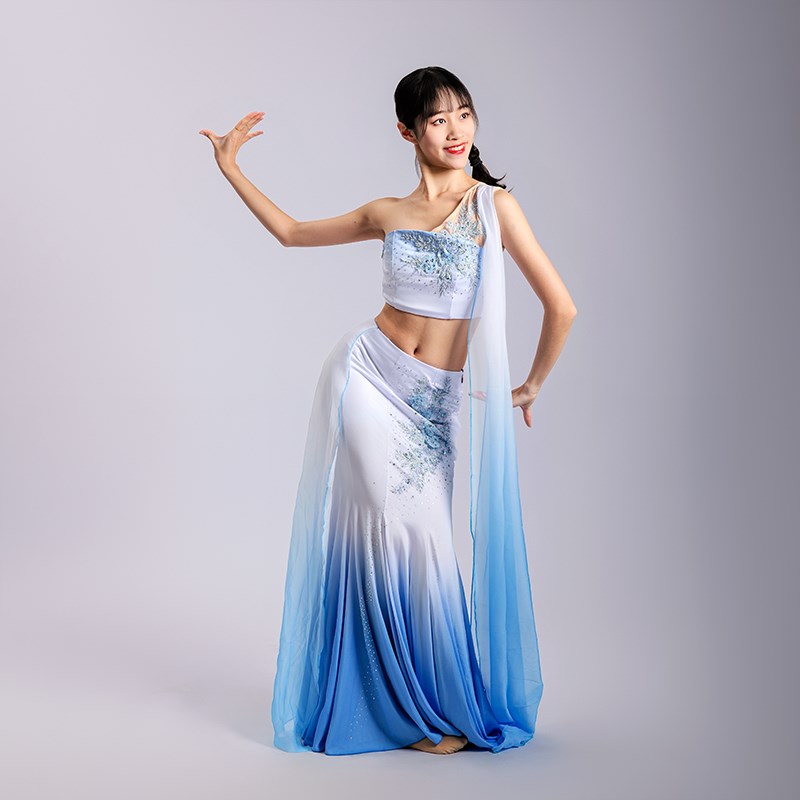 极速新款傣族舞蹈服女修身大裙摆成人艺考表演服包臀鱼尾裙练功服