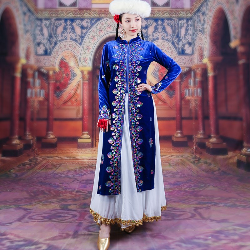 极速新款新疆舞演出服金丝绒秋冬款亮片长袷袢维吾尔族广场舞保暖