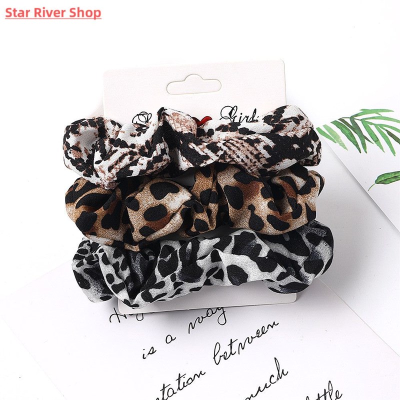 新品3/5/Pcs Silk Scrunchies Print Leopard Scrunchie Set Elas