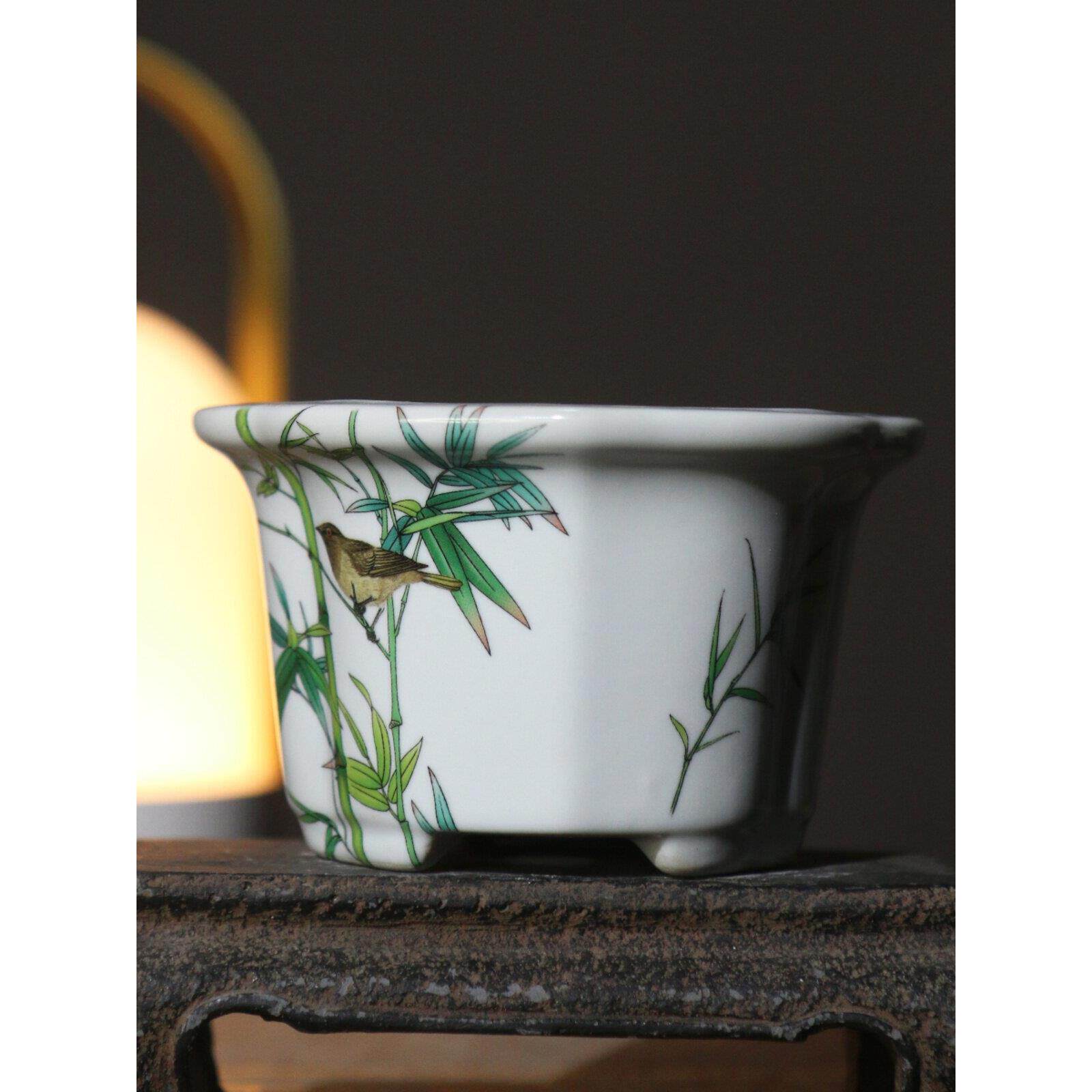 紫砂花盆贴纸手绘陶瓷盆景花盆圆形桌面花盆菖蒲壶芦笋古典中式