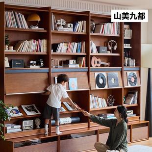 山美九都复古实木书柜卡座一体整墙置物架收纳储物展示柜落地书架