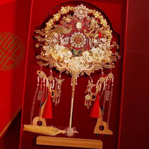 双面团扇新娘结婚礼出嫁高级感喜扇成品秀禾服中式扇子diy材料包