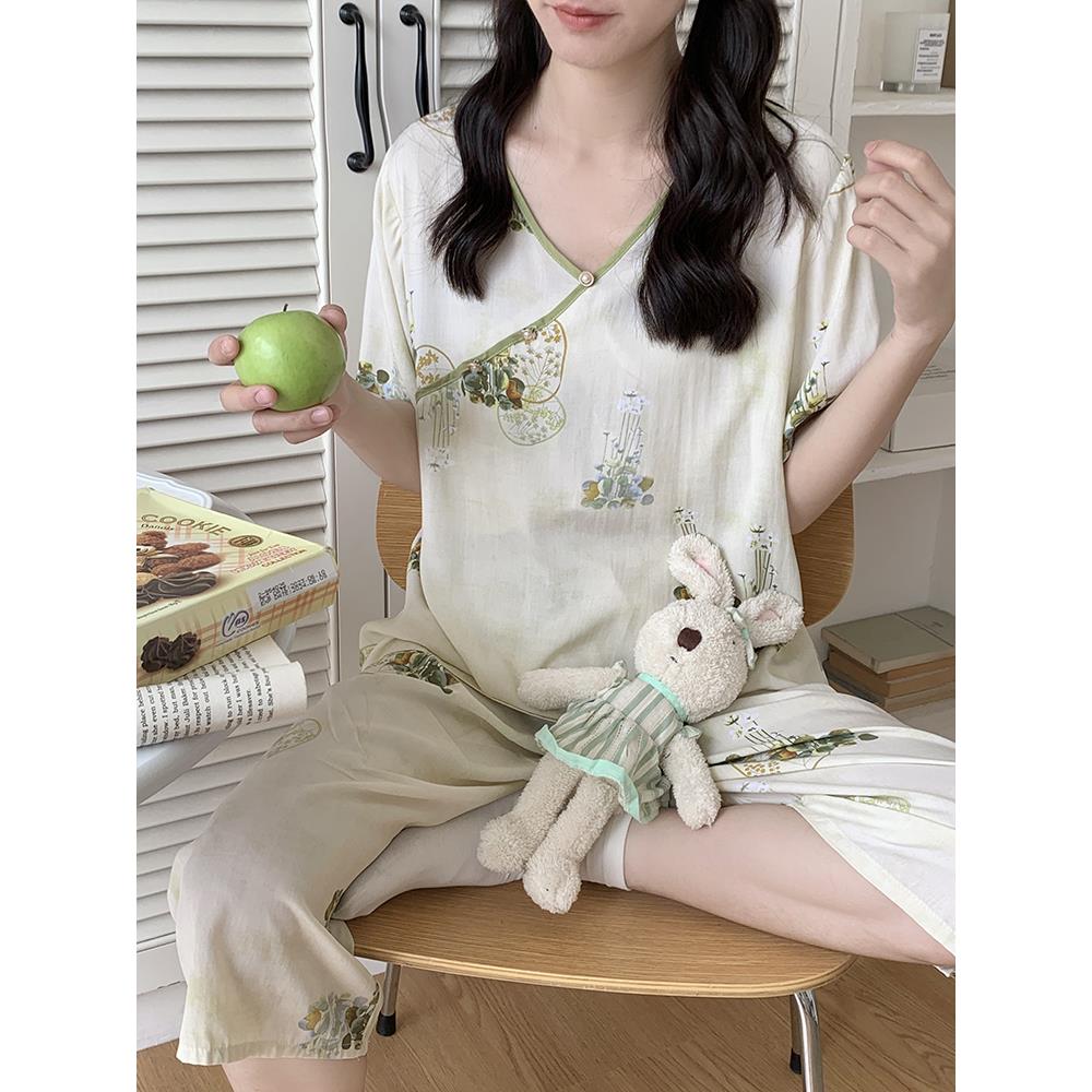新中式棉绸女棉绸带胸垫短袖八分裤新款免穿内衣家居服睡衣裤套组