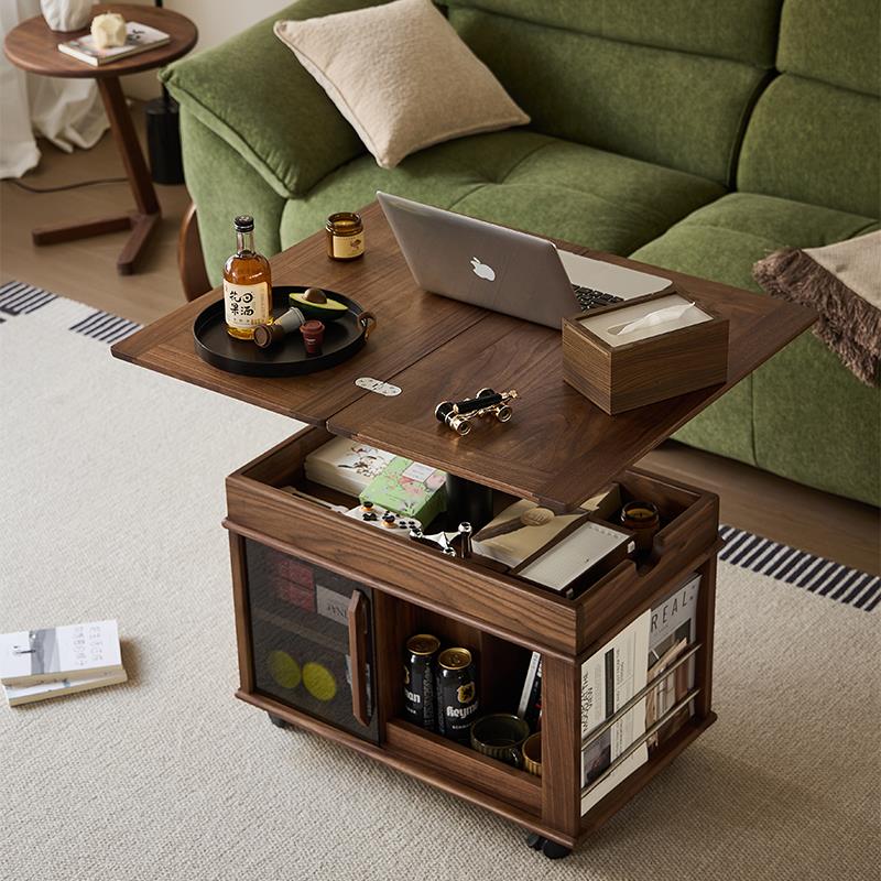 可移动升降折叠茶几小户型黑胡桃木客厅家用多功能式沙发边几边柜
