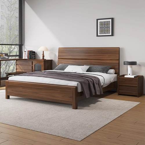 黑胡桃木全实木床1.8米双人床主卧家用1.5米轻奢原木卧室储物婚床