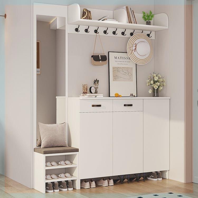 入户实木鞋柜家用门口靠墙玄关柜进门定制带镜子挂衣架一体换鞋凳