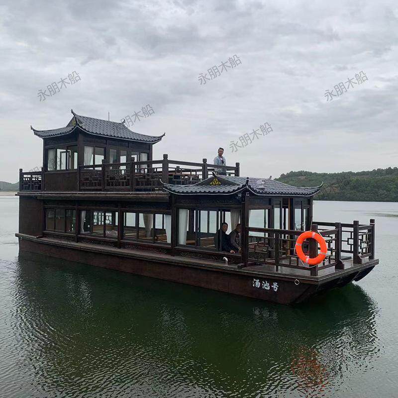 木船画舫船大型水上餐厅船景区双层仿古实木质电动观光旅游木船