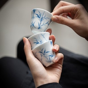 茶杯家用釉下彩功夫茶盏 青花竹子手绘品茗杯单杯陶w瓷主人杯中式