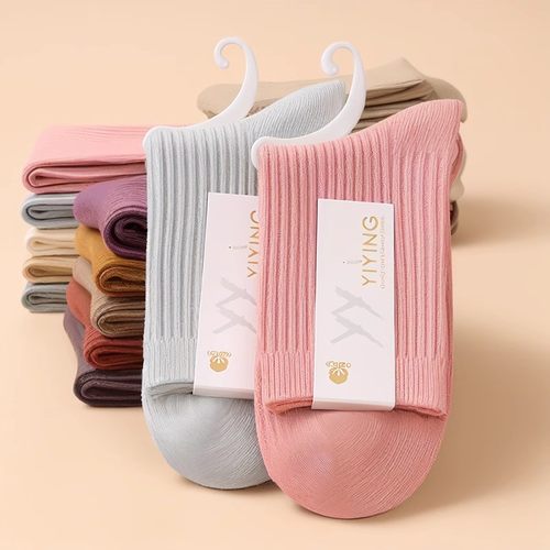 双针纯棉袜子女秋冬季纯色加厚