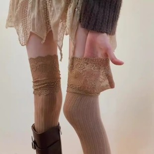 春秋美拉德风咖色系过膝蕾丝拼接高筒袜堆堆长筒袜小腿棉袜靴袜