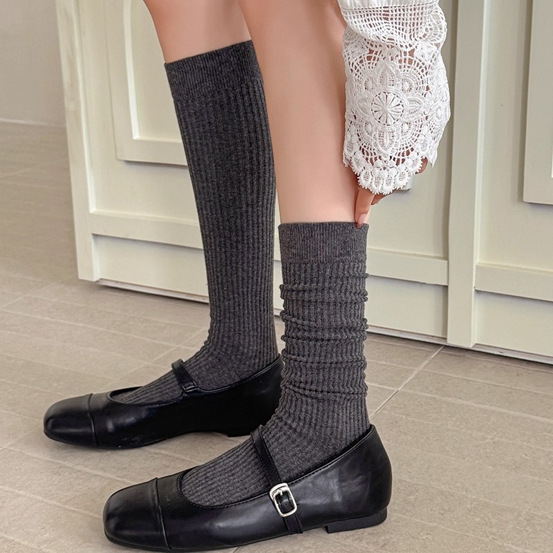 灰色小腿袜春秋细条纹miu风