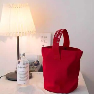 2024新款chic简约帆布水桶手提休闲拎包百搭小拎包便携饭盒手机包