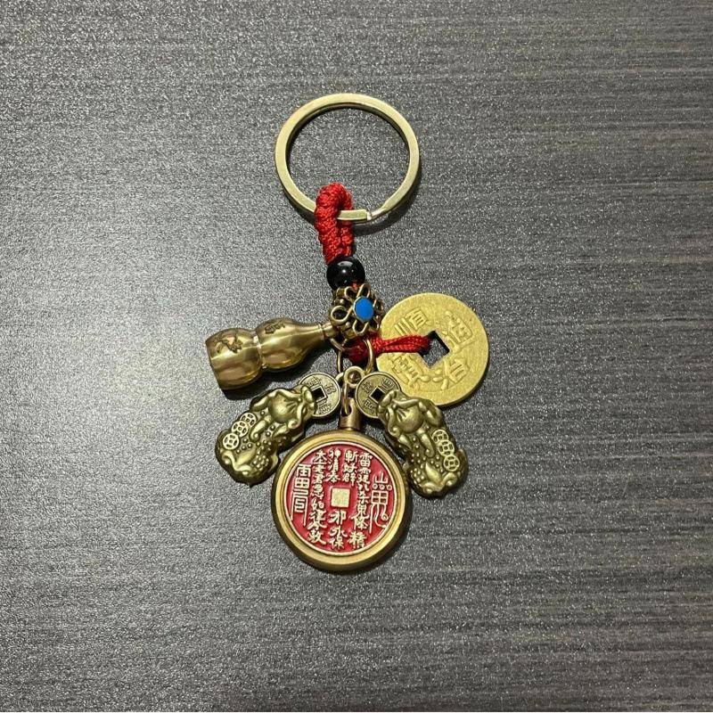 黄铜花钱山鬼转钱汽车钥匙扣挂件12十二生肖朱砂葫芦男女随身吊坠