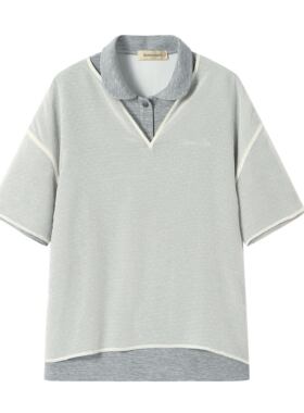 QUEENDATE灰色宽松真两件刺绣polo衫百搭时尚