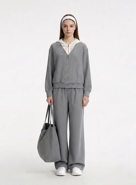 XANDRA 慵懒风蕾丝拼接假两件连帽卫衣女灰色运动休闲套装