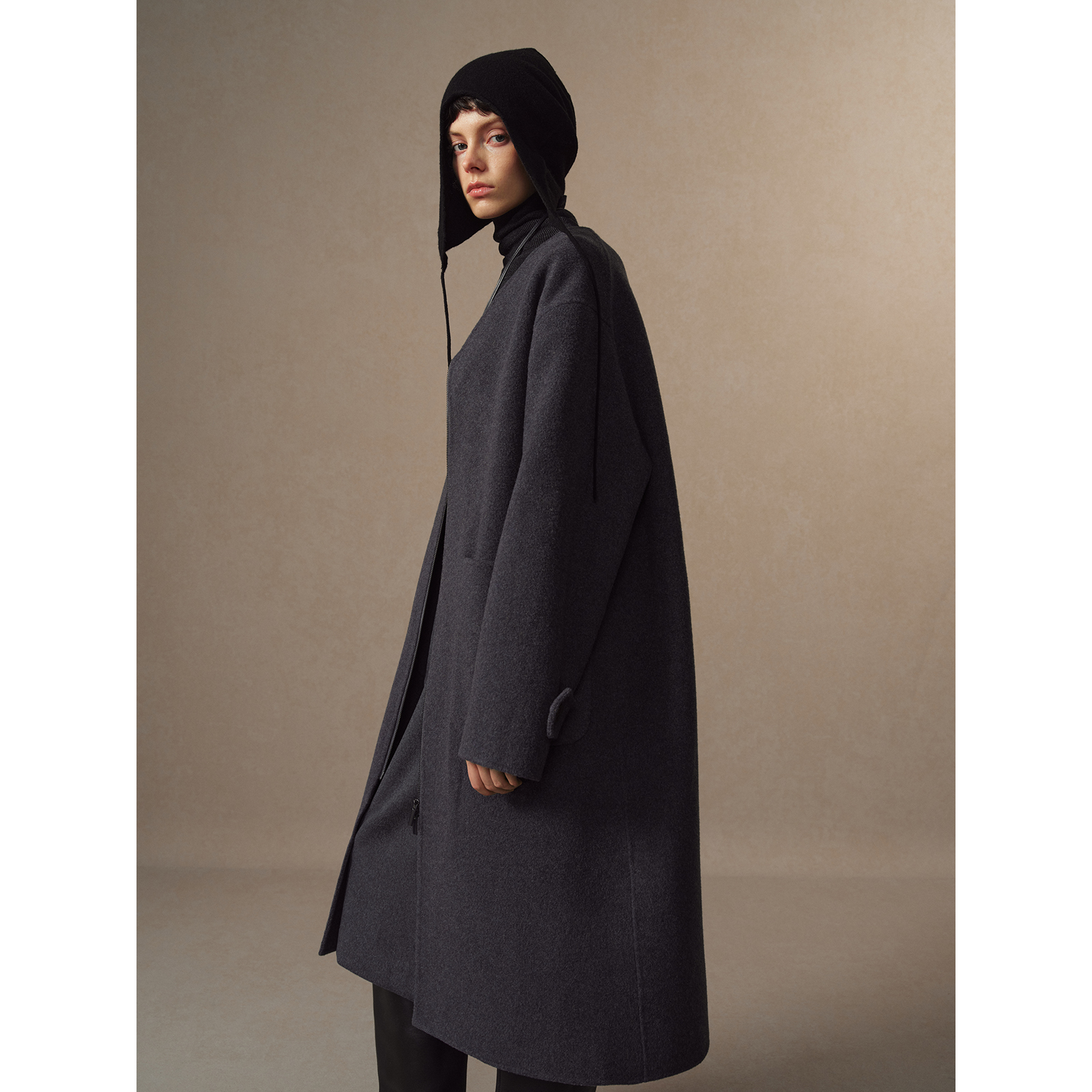 华吉言【小女巫】羊绒羊毛混纺可拆卸连帽中长款双面呢大衣女秋冬