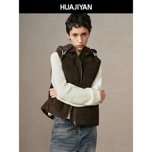 华吉言【唱片机】绒面头层羊皮革90白鹅绒连帽拉链羽绒服马甲