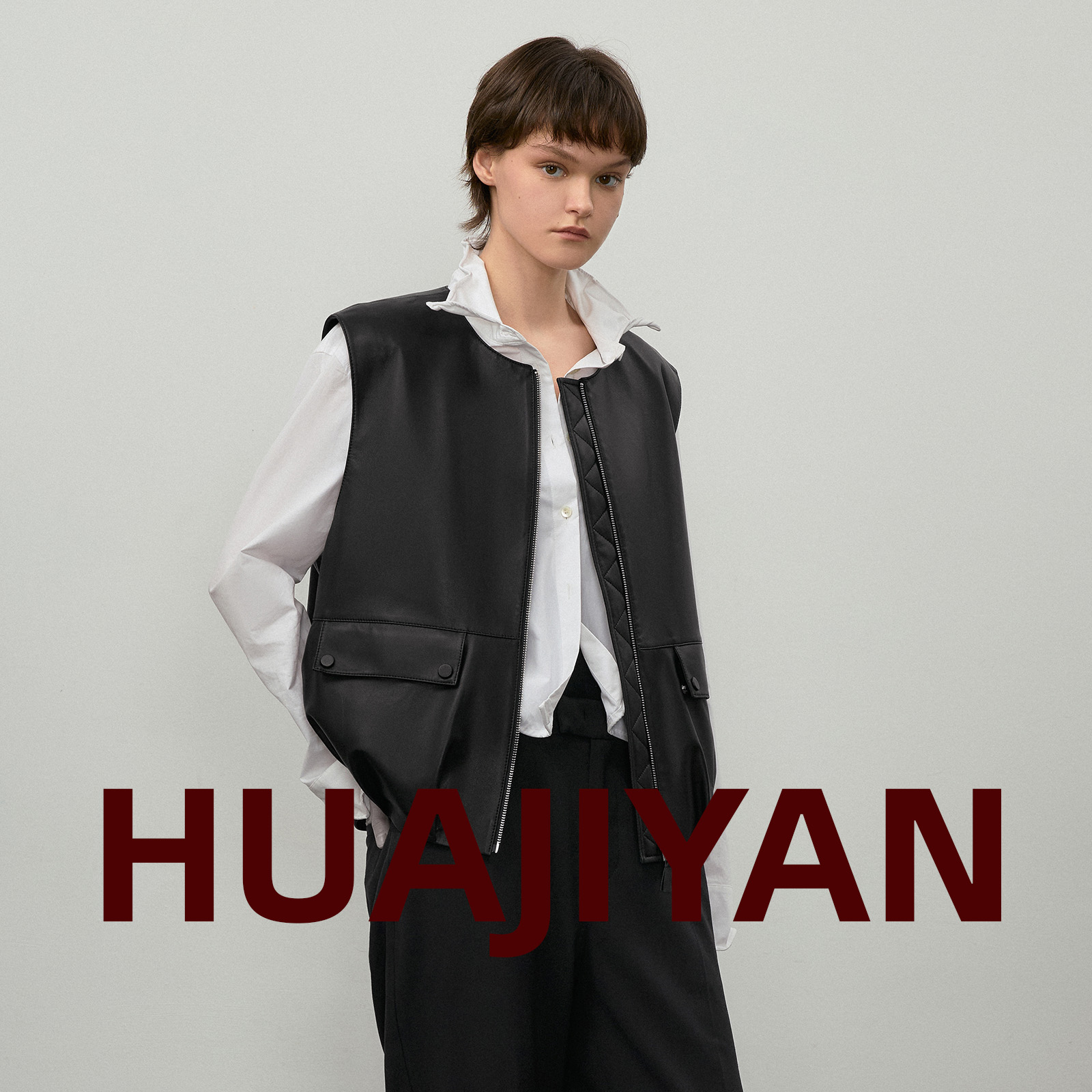 华吉言【陌影】A级小羔羊皮圆领廓形大翻袋皮马甲