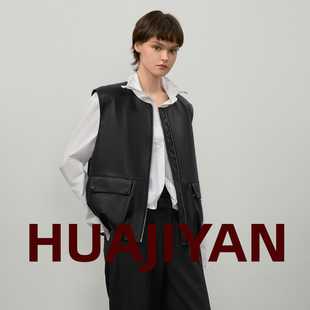 华吉言 A级小羔羊皮圆领廓形大翻袋皮马甲 陌影