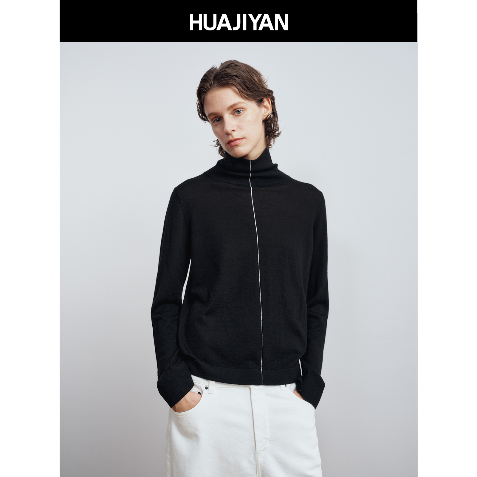 华吉言【分界线】100精仿羊毛撞色缝线高领长袖上衣