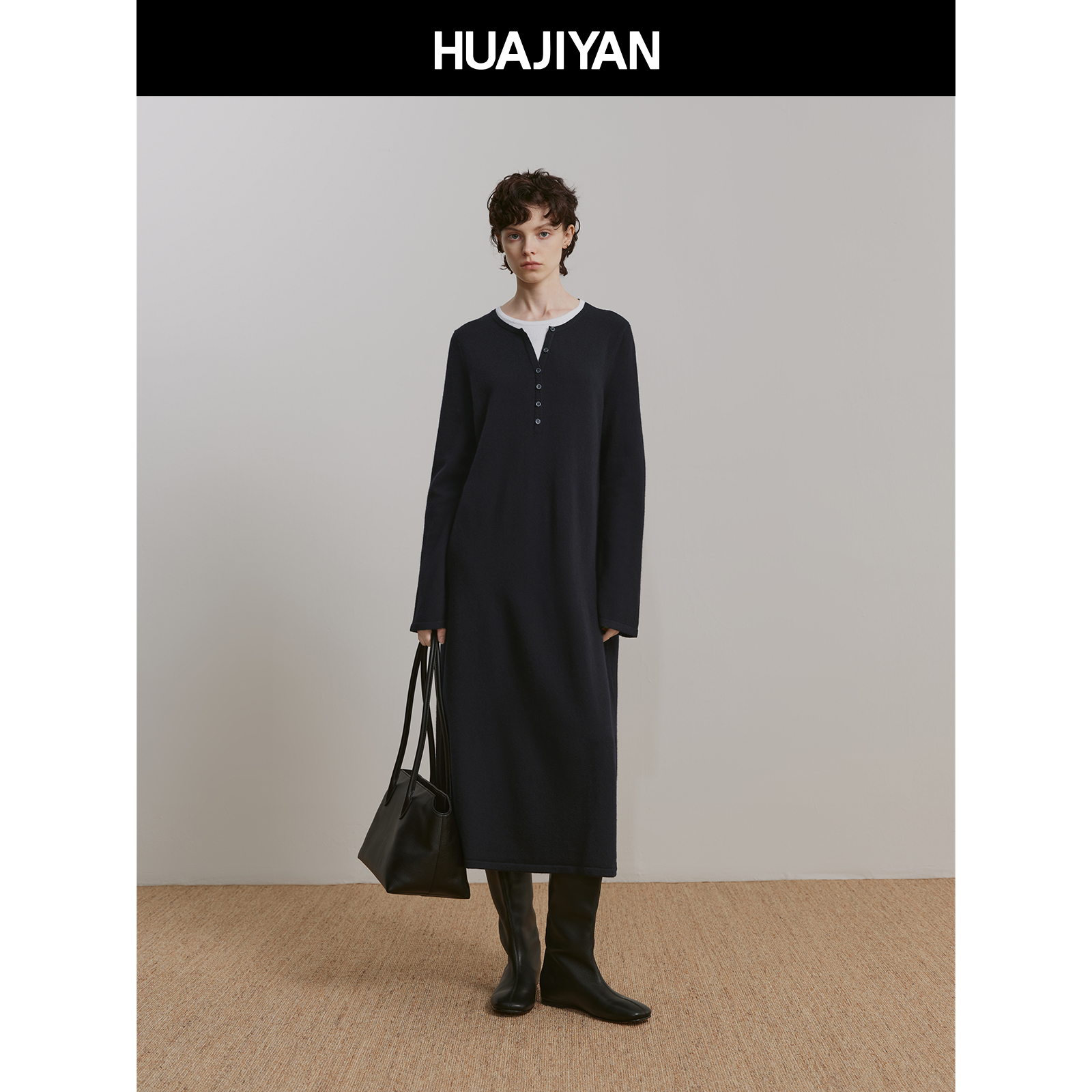 华吉言【协奏曲】绵羊毛混纺撞色假两件半开襟连衣裙