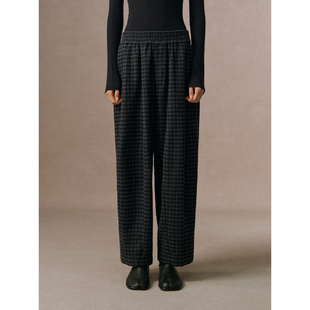 华吉言【蓝格子】羊毛混纺复古格纹松紧腰宽松休闲毛呢长裤