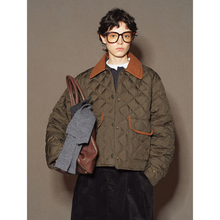 华吉言【香草巴斯克】绒面羊皮撞色菱格绗缝短款鹅绒羽绒服女冬季