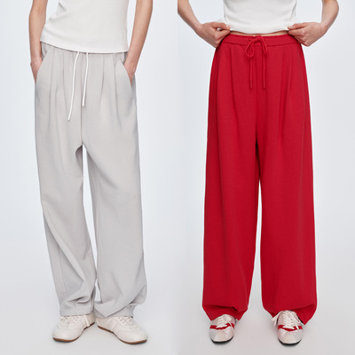 华吉言【空气卫裤】棉混纺抽绳松紧腰运动休闲裤弯刀阔腿裤卫裤女