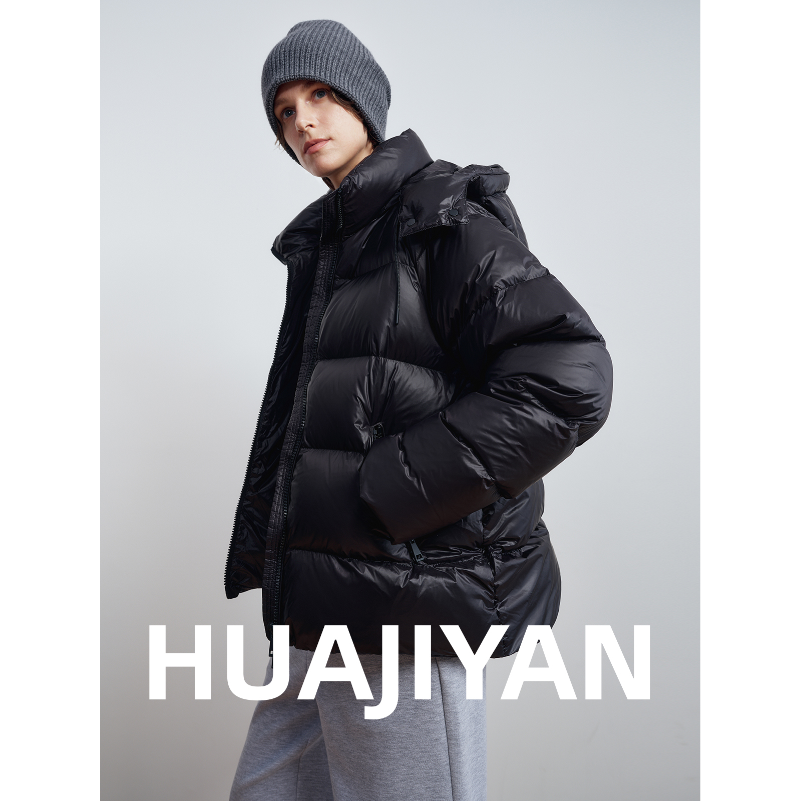 华吉言【黑布林】90鹅绒服可拆卸连帽短款亮面羽绒服女冬季外套