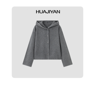 华吉言 100绵羊毛手工撞色缝线连帽毛呢上衣外套 刻度