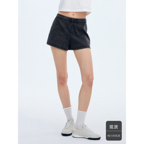 华吉言【蓝莓】棉氨混纺水洗做旧松紧腰直筒短裤