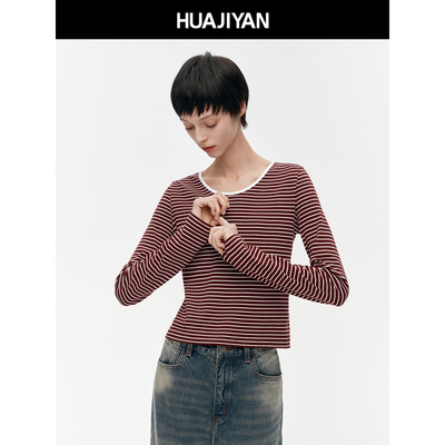 华吉言HUAJIYAN【波子汽水】棉氨混纺条纹圆领长袖T恤女春季上衣