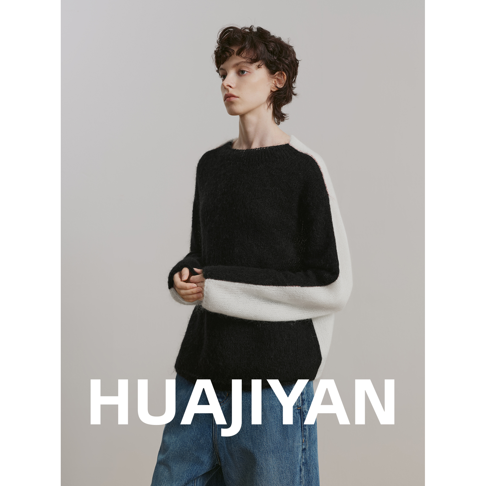 华吉言【双皮奶】绵羊毛马海毛混纺撞色两穿圆领毛衣