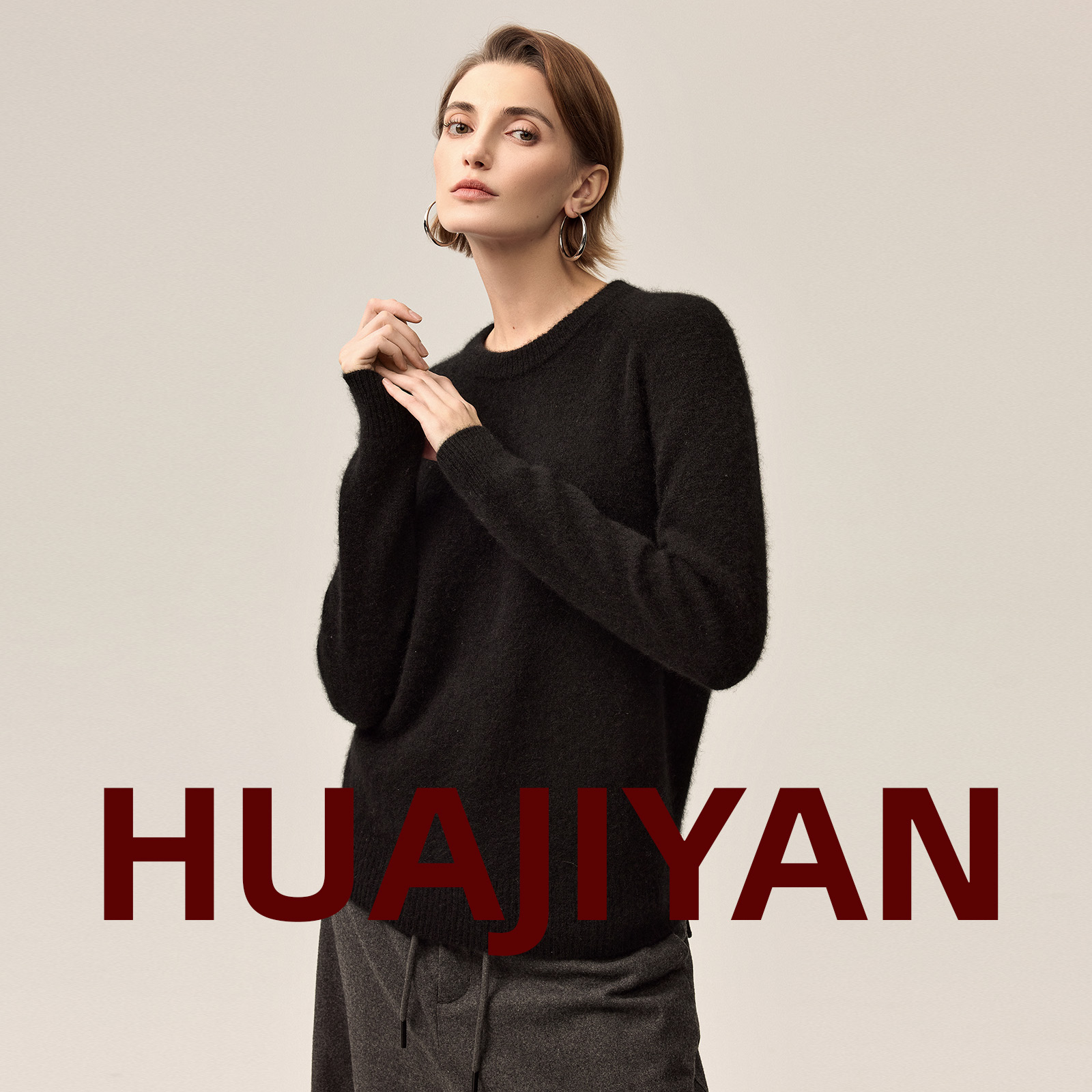 华吉言【斗牛】100牦牛绒拉绒工艺双色圆领毛衣