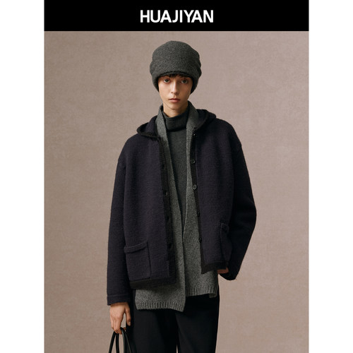 华吉言【帕尼尼】真两件可拆卸夹棉服羊毛连帽针织开衫毛衣外套