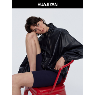 皮衣外套女春季 羊皮革轻薄复古哑光立领宽松短款 风暴 华吉言