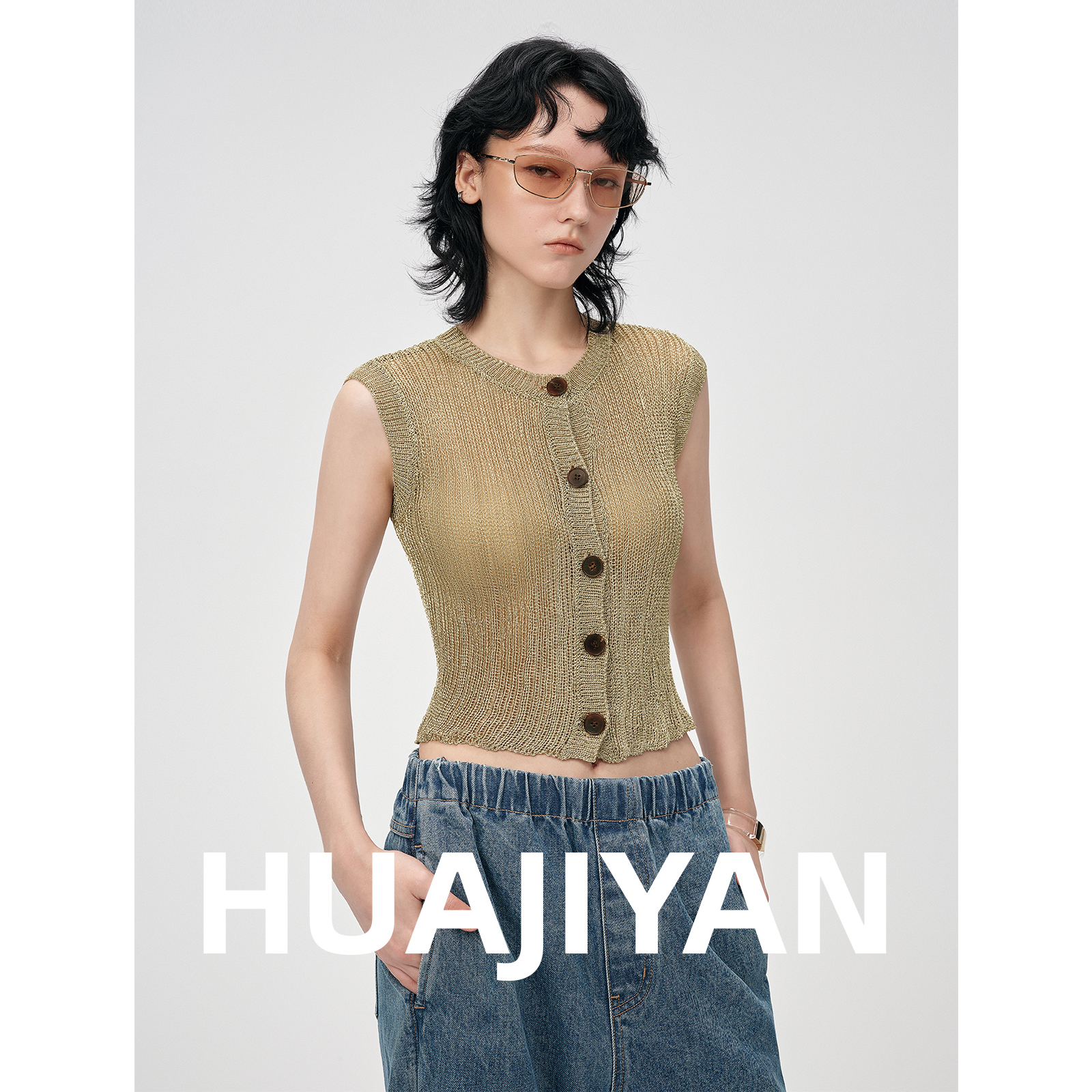 华吉言【金灿灿】特殊定制纱线单排扣金色光泽感圆领马甲