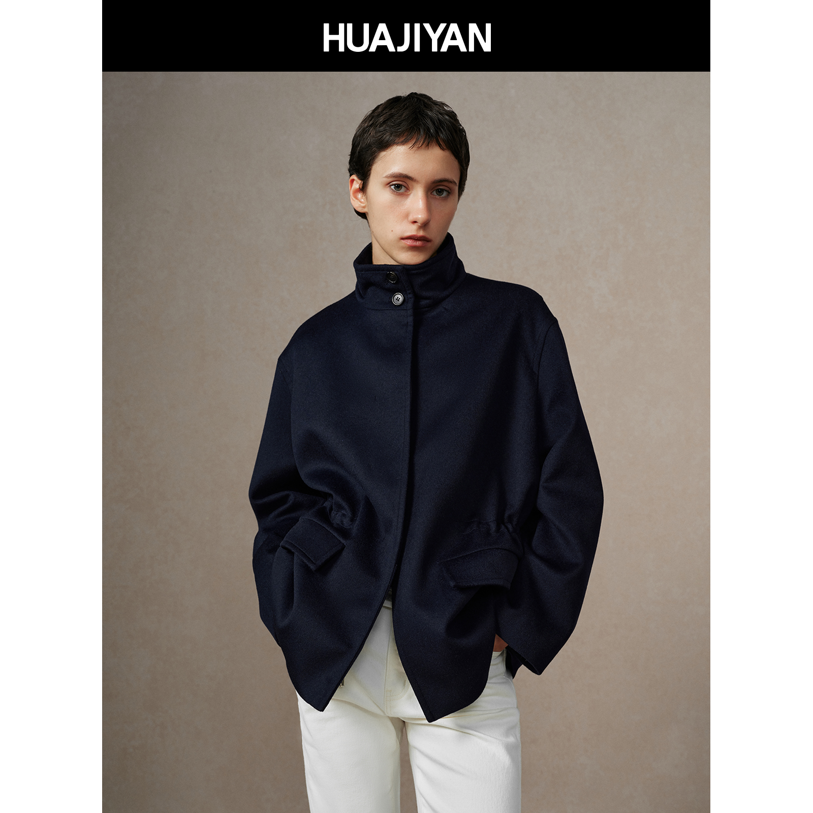 华吉言【启示录】山羊绒羊毛混纺皮绳抽褶立领大衣外套