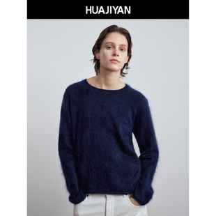 华吉言 100山羊绒拉绒轻柔卷边领口套头毛衣 羊绒卷