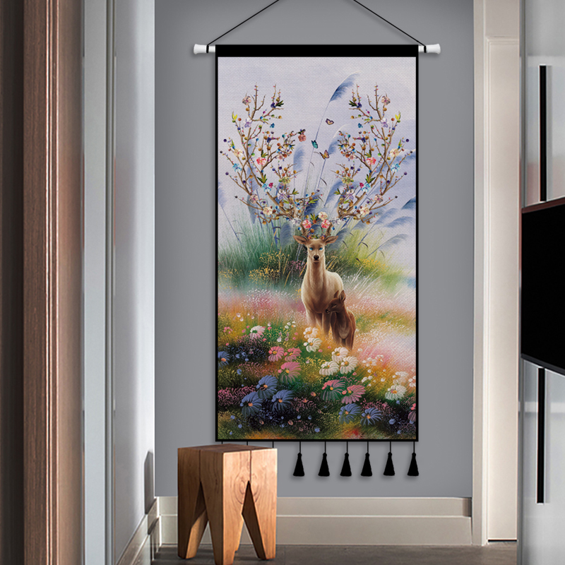 北欧麋鹿玄关布艺挂画挂毯客厅背景布卧室墙壁装饰挂布画定制图片