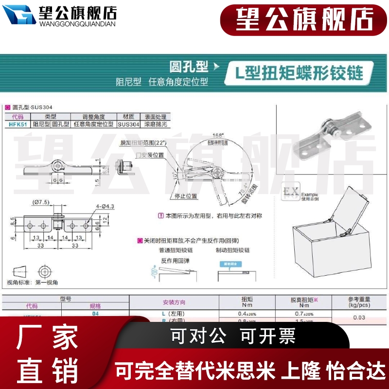 HFK61/66/51/56/71-20/30/45/04/08/L/R扭矩碟形铰链任意角度定位