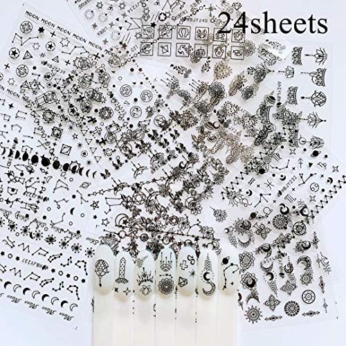 NAIL ANGEL 24 Sheets Nail Art Black Sticker Moon and Star Un