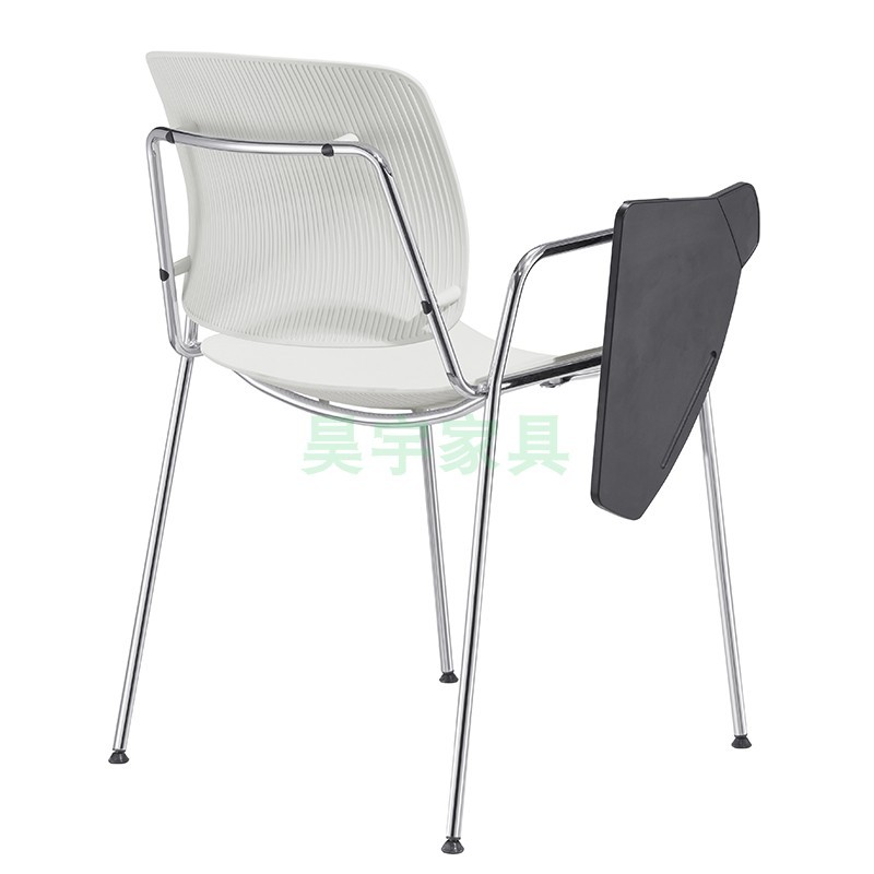 白色桌椅一体学生椅子塑钢培训椅书带写字板办公椅翻折堆叠会议椅