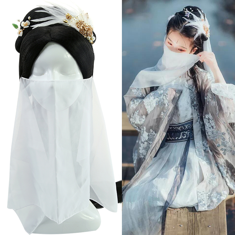 古风新娘黑色白色配饰面纱复古仙女汉服半透明挂耳拍照遮脸纱巾