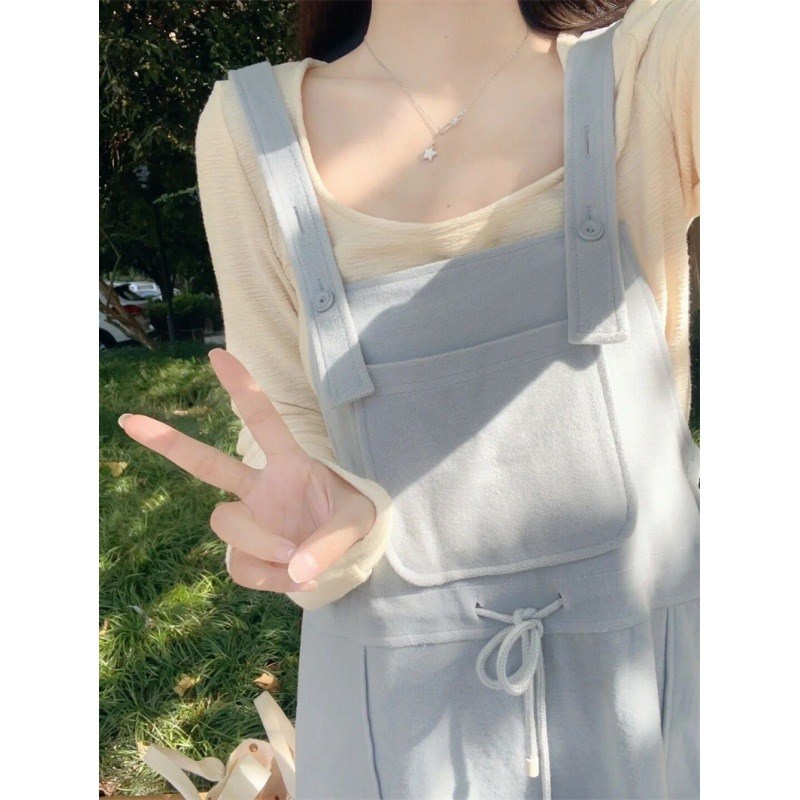 速发系蓝色休闲背带连衣裙春夏学生T美减龄奶带背心长裙甜恤两件